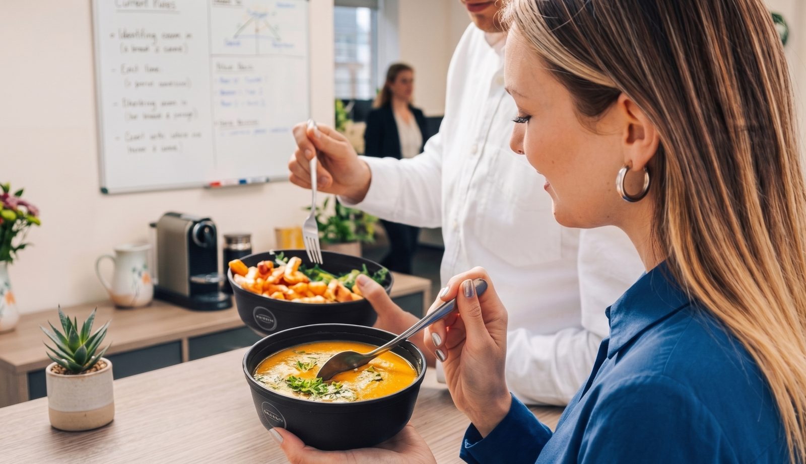 Kollegin isst ihr vorbestelltes Mittagessen im Büro
